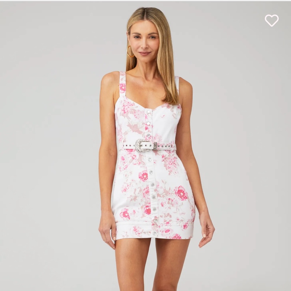 For Love and Lemons Weston Pink and White Floral Denim Mini Dress, Size Medium